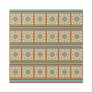 Squares and stripes pattern coral and turquoise Posters and Art